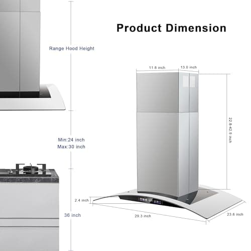 Island Range Hood 30 Inch 700 CFM Ceiling Mount Kitchen Vent Hood Tempered Glass with Color Gesture Sensing & Touch Control, 3 Speed Fan, 4 LED Lights, Permanent Filters