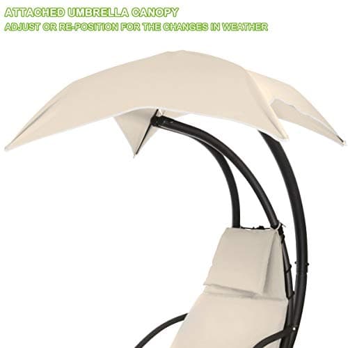 Patio Hanging Chaise Outdoor Lounger Padded Cushion Swing Hammock Chair w/Sun Shade Canopy Umbrella Stand [Beige]
