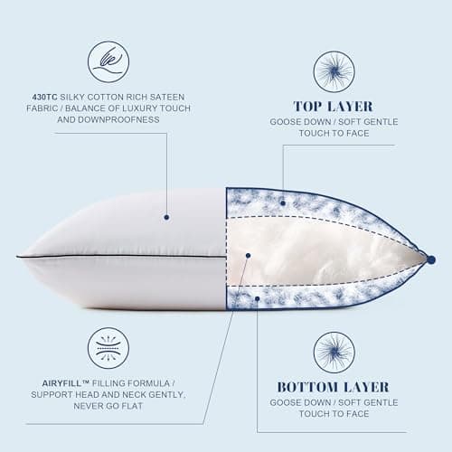 Feather Down Pillows King Size Set of 2, Luxury Hotel Collection Bed Pillow 2 Pack, Airyfil™ Powered Fillings & Feathers Pillow，Fluffy Plush for Side Sleepers, Medium Firm, 20x36 in.