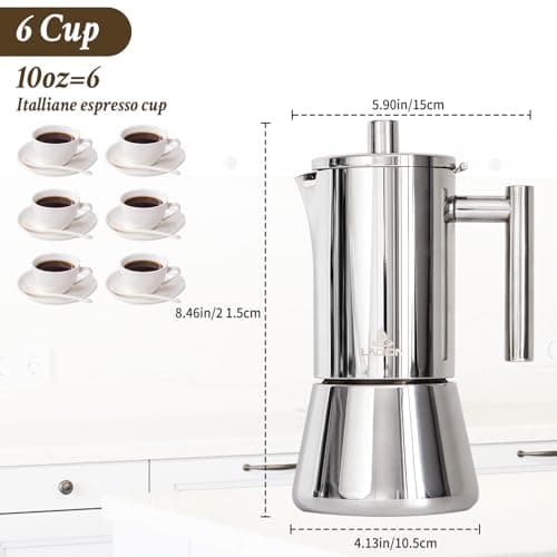 Stovetop Espresso Maker, 6Cup 10 oz Moka Pot, Stainless Steel Cuban and Italian Coffee Maker for Cafetera Cubana, Greca De Cafe Induction Stovetop Compatible, Coffee Gift for Home Travel