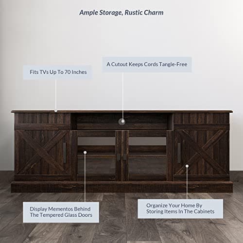 BELLEZE 65 Inch Modern Farmhouse Industrial Style Entertainment TV Stand for TVs Up to 70 Inches, Versatile Media Cabinet with Shelves and Storage - Veropeso (Espresso)