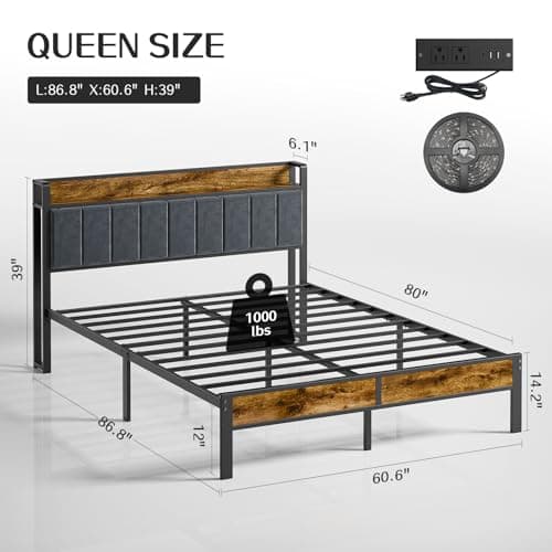 Queen Bed Frame with Headboard, Metal Platform Bed with Smart LED Lights and USB Charging Station, Easy Assembly, No Box Spring Needed