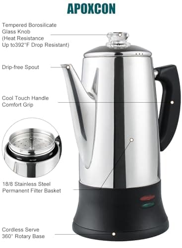 Electric Coffee Percolator Stainless Steel Coffee Maker with Two Heat Resistant Tough Glass Clear Brew Progress Knob Classic Look Keep Warm & Cordless Serving Coffee Pot 12 Cup