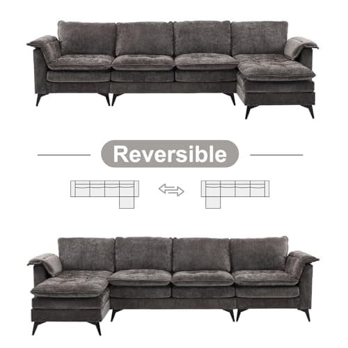 VINGLI 129'' Reversible Sectional Couches for Living Room,L-Shaped Couch Sofa Set with Chaise,Comfy Cloud Couches in Lattice Decored Seat Cushion with Double Pads, Grey