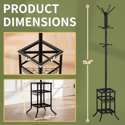 Yoobure Coat Rack Freestanding - Coat Tree with Umbrella Holder, Metal Coat Rack Stand with 12 Hooks, Modern Coat Hanger Stand for Entryway, Purse Rack Hat Rack Stand for Living Room Bedroom Office