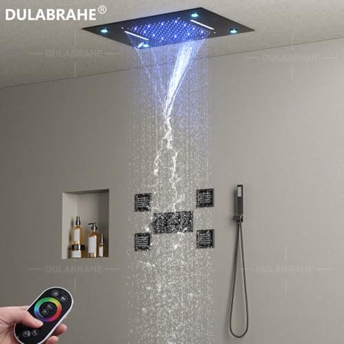 Waterfall And Rain Shower System Faucet Set 14 X 20 Inch LED Ceiling Rainfall Matte Black Shower Head With Handheld Spray Combo Shower Body Jets For Bathroom