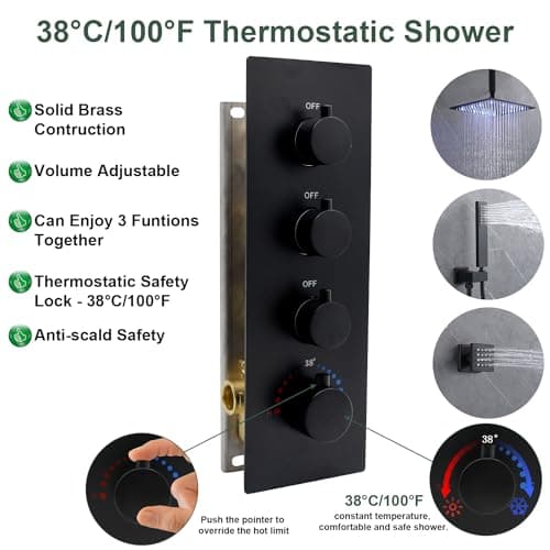 HOMEDEC 12inch Rain Shower System with Full Body Jets Sprays, Ceiling LED Brass Shower Faucet Set with 3 Functions Thermostatic Valve, Can Use All Function At Once