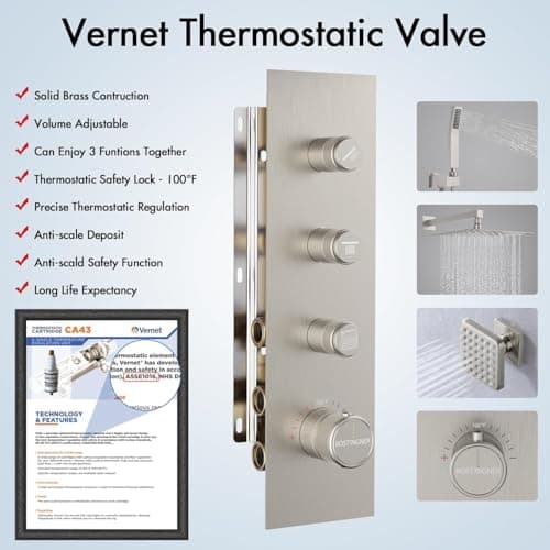 Shower Jets System, 12 Inch Thermostatic Rainfall Shower System with 6 Body Spray Jets (Can All Run Together) Full Body Spray Shower System, Shower Valve Included, Brushed Nicke