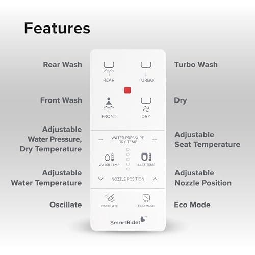 SmartBidet SB-1000WE Electric Bidet Toilet Seat with Heated Seating, Warm Air Dryer, Temperature Control Wash, and Remote Control, Elongated Seating