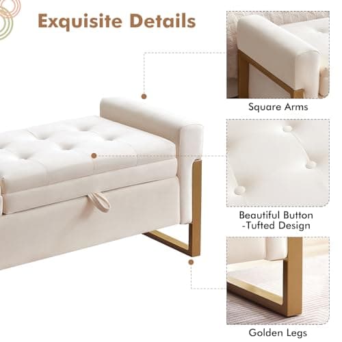67" Storage Bench for Bedroom, King Size End of Bed Bench with Double Lids, Upholstered Storage Ottoman Bench with Golden Metal Legs, Bedroom Bench for Entryway, Cream