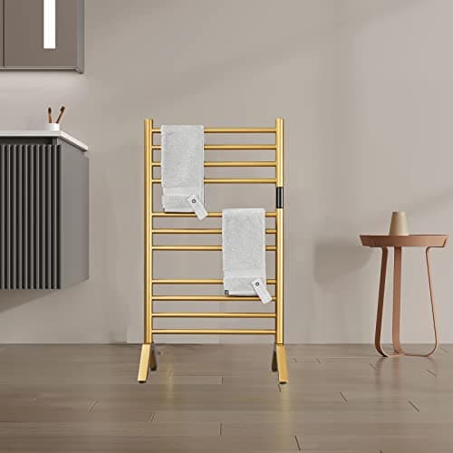 Electric Towel Warmers Radiator with Built-in Timer Gold, 140W Wall-Mounted & Freestanding Heated Towel Drying Rack with 11 Bars, 304 Stainless Steel Heated Towel Rail for Bathroom, Plug-in