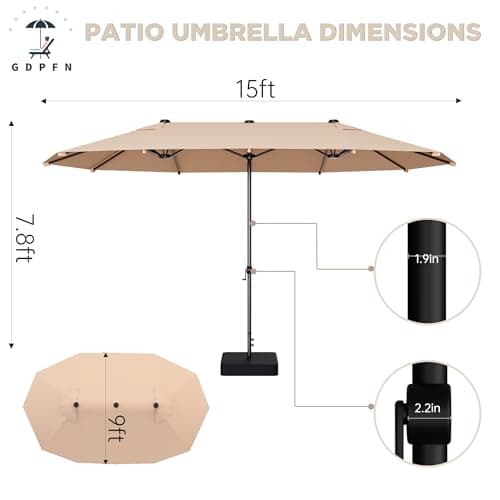 15FT Large Patio Umbrella with Base Included, Outdoor Deck Standing Umbrella with Crank Handle, Double-Side Rectangular Pool Umbrella for Outside, Market, Patio, Beige