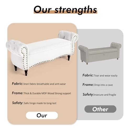 Storage Ottoman Bench, 53" Length Upholstered Bench & Ottoman with Safety Hinge, Tufted Bed Bench with Rolled Arm and Nailhead Trim, End of Bed Storage Bench for Bedroom, Living Room, Entryway