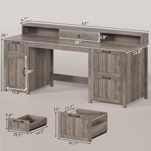 SEDETA Farmhouse 63" Executive Desk, Wood Computer Desk with Drawers and Storage Cabinet, Home Office Desk with File Drawer and Monitor Stand, Wood Desk for Work Study Writing, Grey