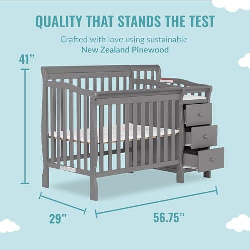 Dream On Me Jayden 4-in-1 Mini Convertible Crib And Changer in Storm Grey, Greenguard Gold Certified, Non-Toxic Finish, New Zealand Pinewood, 1" Mattress Pad