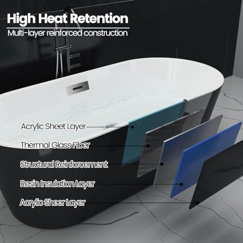 59" Acrylic Freestanding Bathtub, Free Standing Soaking Tub, Freestanding Tub with Overflow and Matte Silver Drain, Modern Bathtub for Bathroom, Hotel, Easy to Install, CUPC Certified, Black, Sky