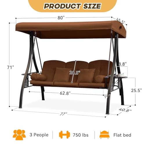 3 in 1 Outdoor Porch Swing with Adjustable Canopy, 3 Seat Outdoor Swing for Adults, Patio Swing Chair with Thickened Cushions,Pillows & Cup Holders for Backyard, Porch, Garden (Brown)