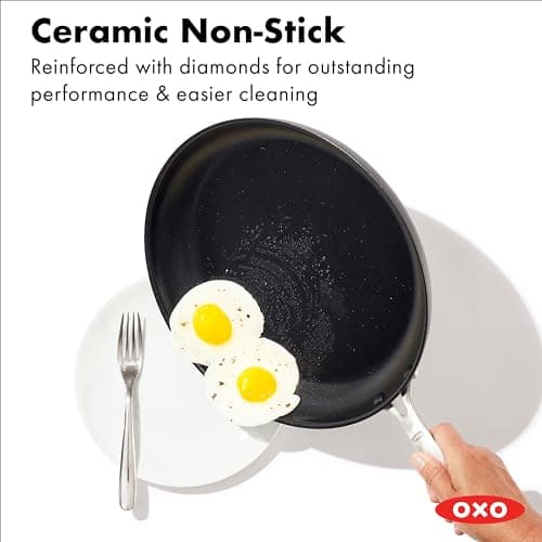 OXO 12” Nonstick Frying Pan Skillet, Enhanced PFAS-Free Ceramic Nonstick, Durable Hard Anodized Cookware, Scratch Resistant, Good Grips, Easy Clean Dishwasher Safe, Oven Safe, Drip Free Pours, Black