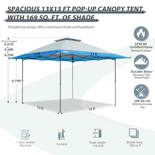 EAGLE PEAK 13x13 Straight Leg Pop Up Canopy Tent Instant Outdoor Canopy Easy Single Person Set up Folding Shelter w/Auto Extending Eaves 169 Square Feet of Shade (Light Blue)