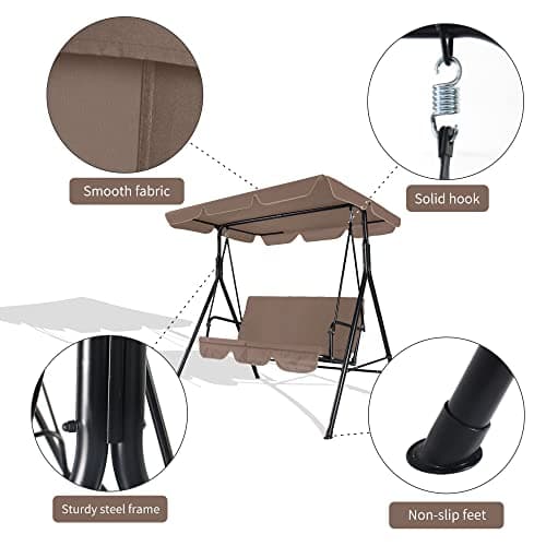 3-Seat Patio Swing Chair, Outdoor Porch Swing with Adjustable Canopy and Durable Steel Frame for Patio, Garden, Poolside(Brown)