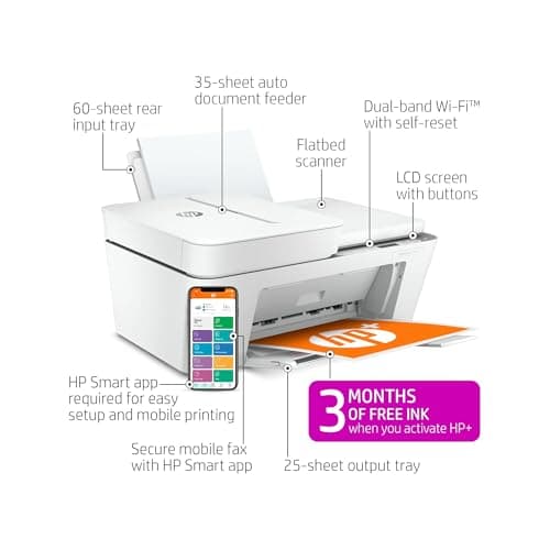 HP DeskJet 4155e Wireless Color Inkjet Printer, Print, scan, copy, Easy setup, Mobile printing, Best-for home, 3 month Instant Ink trial included, white