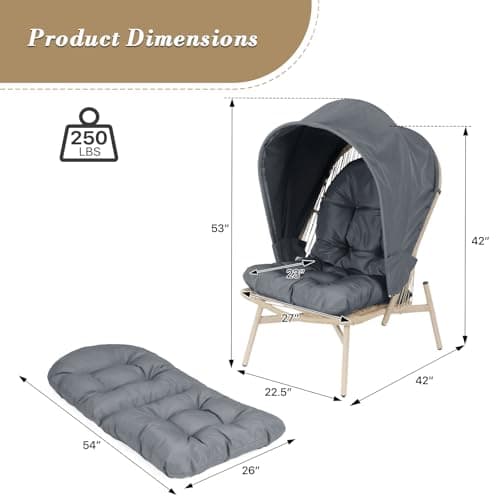 Athena Collection Rattan Egg Chair with Foldable Canopy, Patio Egg Chair Indoor Outdoor Lounge Egg Chair with Stand & Detachable Cushion for Garden, Porch, Backyard, Balcony, Gray