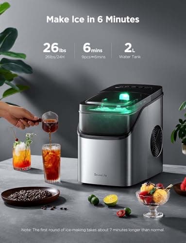 GoveeLife Smart Ice Maker Countertop, Portable Ice Machine with Voice Control, 9 Ice Cubes in 6 Minutes 3 Sizes, 26lbs/24Hrs, Self Cleaning RGB Lights, Quiet Ice Maker with Scoop for Kitchen Silver
