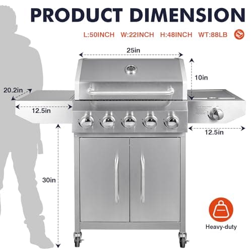 Llamaviva 5 Burner Propane Gas Grill with Side Burner,Stainless Steel BBQ Grill with Porcelain-Enameled Cast Iron Grates, 68000 BTU Cabinet-Style Cart Design for Outdoor Patio Barbecue- food clip