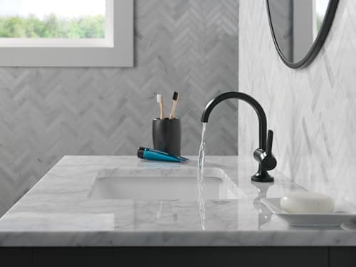 Delta Faucet Albion Single Hole Bathroom Faucet, Matte Black Single Handle Bathroom Faucet, Bathroom Sink Faucet, Metal Push Pop-Up Drain Assembly, 1.2 GPM Flow Rate, Matte Black 15855LF-BL