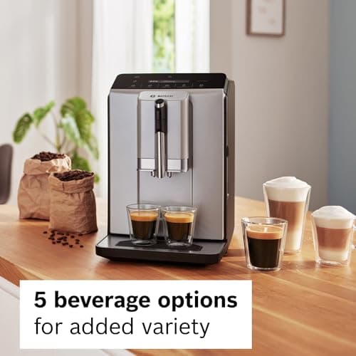 Bosch 300 Series Fully Automatic Espresso Machine – In-Cup Frother, OneTouch Milk Drinks, 5 Drink Options, Ceramic Grinder, Easy Clean & Descale, in Silver