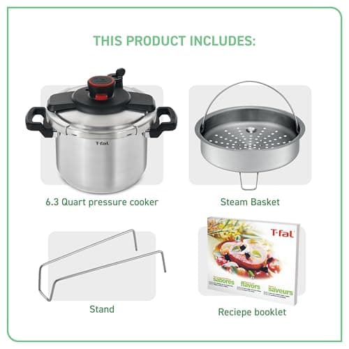 T-fal Clipso Stainless Steel Pressure Cooker 6.3 Quart, Induction, Secure locking System, One Hand System, Recipe Book Included, Cookware, Pots and Pans, Kitchen, Dishwasher Safe, Silver