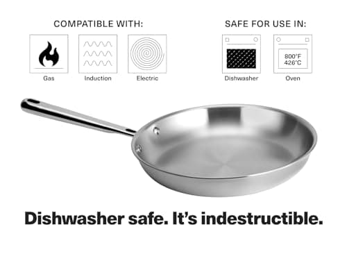 Misen 5-Ply Stainless Steel 12" Frying Pan - Professional Cookware for Induction, Gas and Electric - Dishwasher Safe, Oven Safe to 800°F - Durable, Versatile, Even Heating