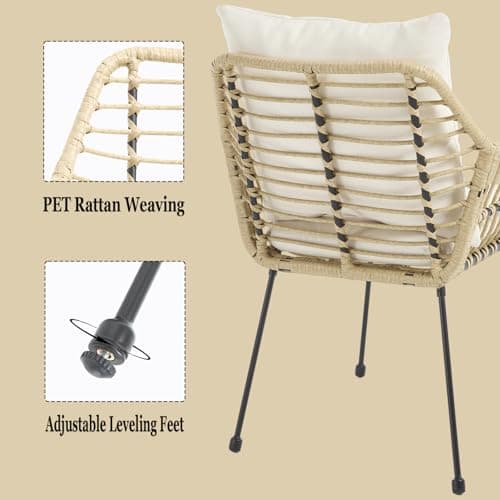 3 Pieces Outdoor Bistro Set, Bistro Set Outdoor with Glass Top Table, Patio Wicker Furniture Set 3 Piece, Rattan Conversation Set for Balcony, Lawn, Garden, Backyard, Poolside, Beige