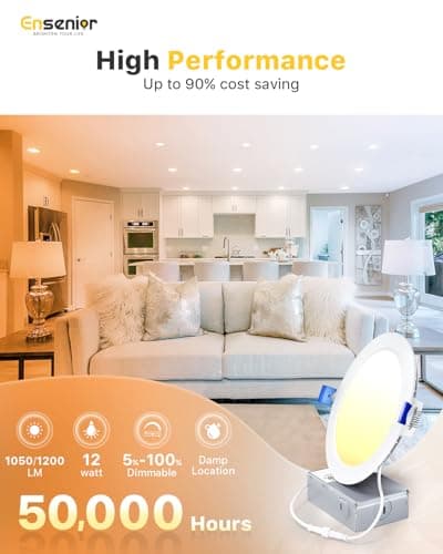 Ensenior 12 Pack 6 Inch LED Recessed Ceiling Light, Dimmable, 2700K-5000K 5CCT, 1200LM 12W 120V, High Brightness Canless Wafer Downlight - ETL&FCC&IC