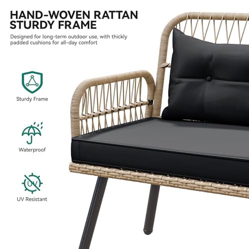 YITAHOME Patio Wicker L-Shaped Furniture Set, All-Weather Rattan Outdoor Conversation Sofa Set for Backyard Deck with Soft Cushions,Ottomans and Plastic Wood Dining Table (Light Brown+Black)