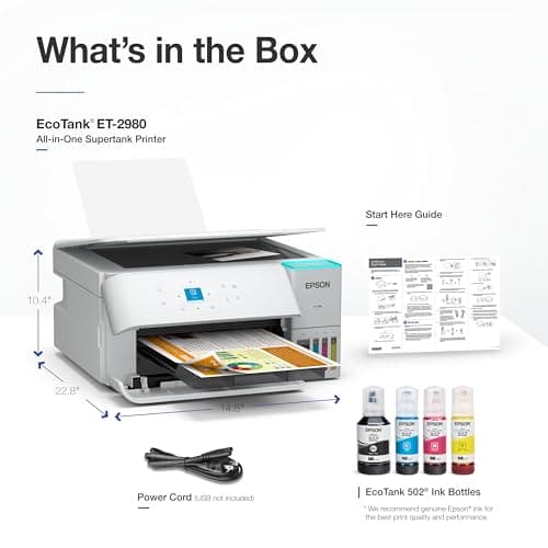 Epson EcoTank ET-2980 Wireless All-in-One Color Supertank Printer with up to 3 Years of Ink, Refillable Tanks, Perfect for Home, 15 PPM, 1.44" Color Screen, Auto 2-Sided Printing - White