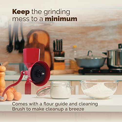 WONDERMILL Hand Grain Mill Red Wonder Junior Deluxe- Manual Grain Mill and Grain Grinder for Dry and Oily Grains - Kitchen Flour Mill, Hand Crank and Spice, Corn, Wheat Stone Mill Grinder
