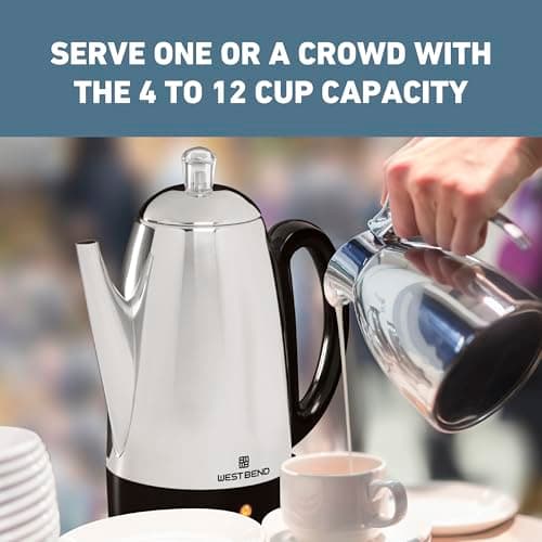 West Bend Electric Percolator Classic Style Coffee Maker with Heat Resistant Handle Base and Detachable Cord with Stainless Steel Stem and Basket, 12-Cup, Silver