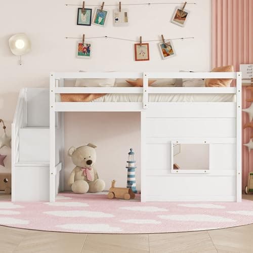Twin Size Low Loft Bed with Stairs, Kids Loft Bed with Storage,Solid Wood Twin Loft Bed Frame for Kids, Space Saving Low Loft Bed for Boys, Girls, White