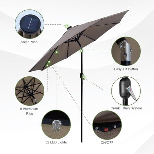 Backyard Expressions 9ft Solar Patio Umbrella with 32 LED Lights - Beige – Outdoor Market Umbrella with Tilt & Crank, Solar-Powered Lighting