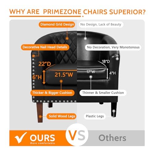 PrimeZone Barrel Chair Set of 2, Comfy Accent Chair, Faux Leather Living Room Chairs Club Chair with Cushion, Nailhead Trim and Diamond Grid Backrest, Reading Chair for Bedroom Waiting Room, Black