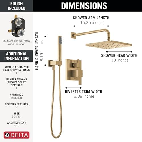 Delta Modern 14 Series Square Rain Shower System Faucet Set, Rainfall Brushed Gold Shower Head and Handle Set, Valve Trim Kit, 10 Inch, Champagne Bronze 342701-CZ