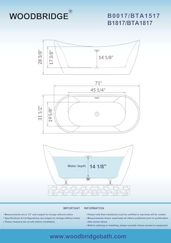 WOODBRIDGE 71"Freestanding White Acylic Soaking Bathtub with Chrome Drain and Overflow,B0017 C