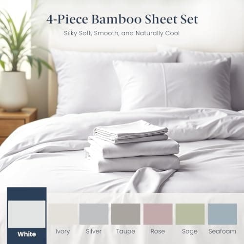 Ella Jayne Viscose Derived from Bamboo Sheets Set (4 Pieces) Queen Size, Ultra Soft & Luxuriously Cooling, Eco-Friendly Queen Sheet Set Deep Pockets 16 Inch (White)