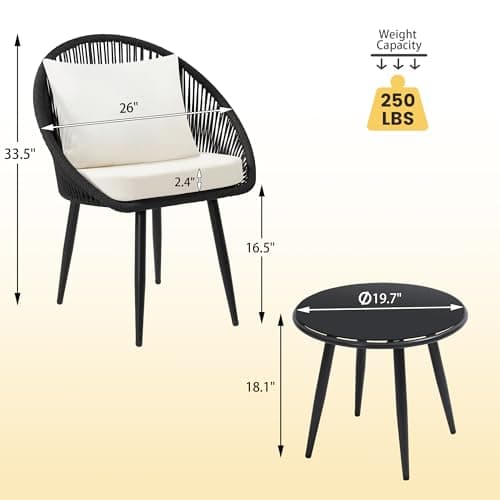 3 Pieces Bistro Set, Woven Rope Chair with Cushions, All Weather Patio Conversation Set and Side Table, Ideal for Deck, Balcony, Poolside, Black
