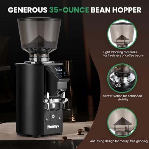 Huanyu Commercial Coffee Grinder with Touching Screen Infinite Adjustment 8 Grinding Settings Burr Coffee Grinders for Shops with Dual Dosing Modes