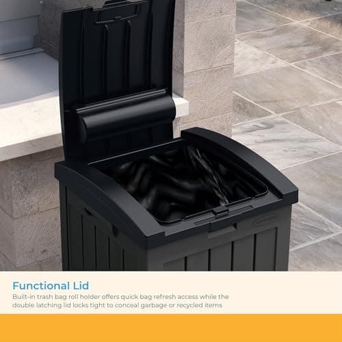Suncast Trash Hideaway 39 Gallon Outdoor Trash Can Patio or Deck Waste Bin with Latching Lid, Liquid Tray, Handles, and Trash Bag Holder, Peppercorn