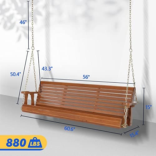 VINGLI Upgraded Patio Wooden Porch Swing for Courtyard & Garden, Heavy Duty 880 LBS Swing Chair Bench with Hanging Chains for Outdoors (Brown, 5 FT)