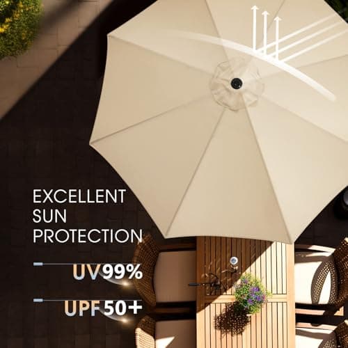 wikiwiki 11FT Patio Umbrellas with Base Included, Outdoor Umbrella with Sandbag Base, 8 Sturdy Ribs, Fade Resistant Waterproof POLYESTER DTY Canopy for Garden, Lawn, Deck, Backyard & Pool，Beige