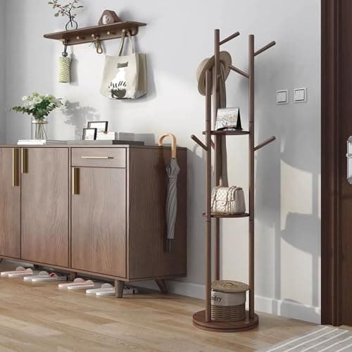 Rotatable Coat Rack, Floor Standing Household Shelf, Solid Wood Frame Standing Coat Rack, Living Room Entrance Bedroom Riser Hanging Rack, Walnut Color